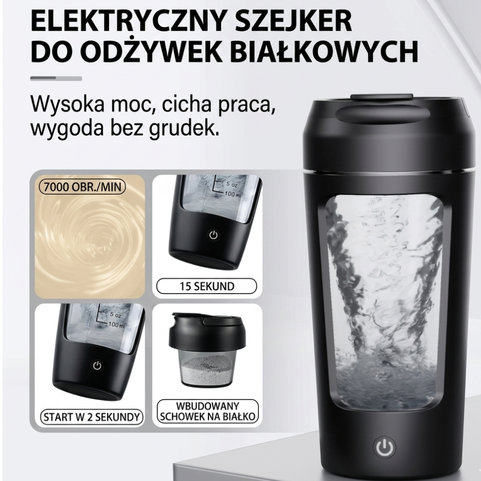 Elektryczny Shaker do Odżywek 500 ml USB-C | Automatyczny Mikser Proteinowy 7000 RPM | Butelka do Białka, Koktajli i Kawy