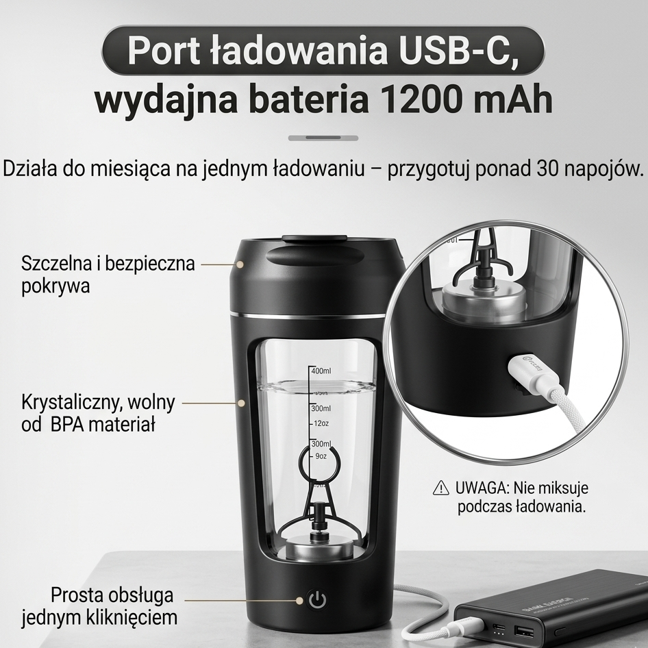 Elektryczny Shaker do Odżywek 500 ml USB-C | Automatyczny Mikser Proteinowy 7000 RPM | Butelka do Białka, Koktajli i Kawy