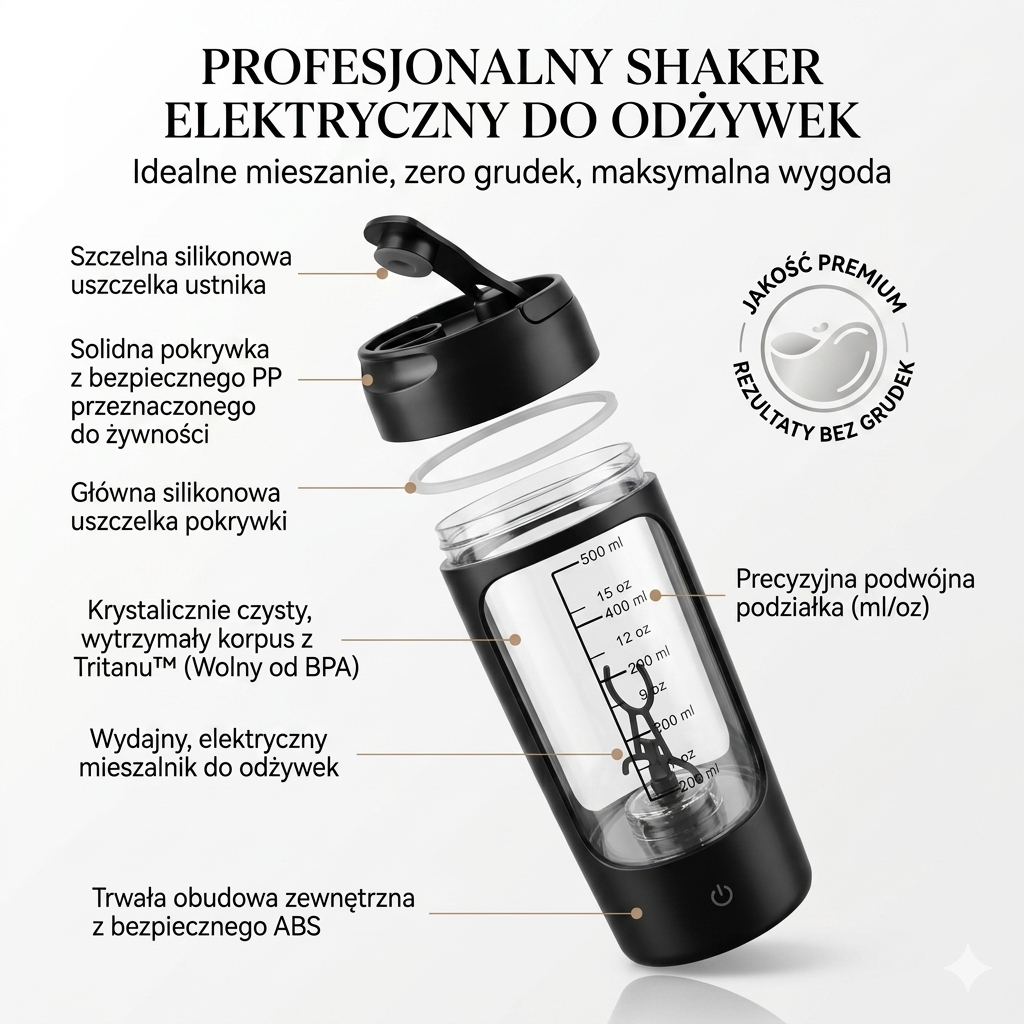 Elektryczny Shaker do Odżywek 500 ml USB-C | Automatyczny Mikser Proteinowy 7000 RPM | Butelka do Białka, Koktajli i Kawy